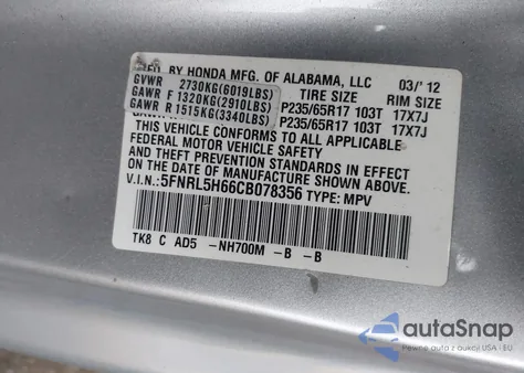 2012 Honda Odyssey Ex-L из США, поврежденный, VIN 5FNRL5H66CB078356